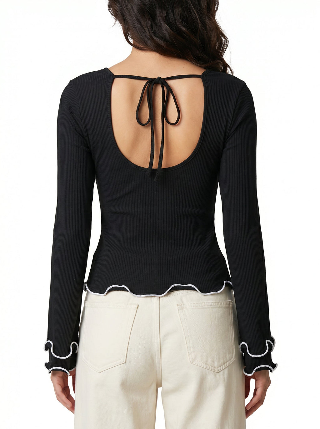 Women's Black Scalloped Hem Tie Back Long Sleeve Top