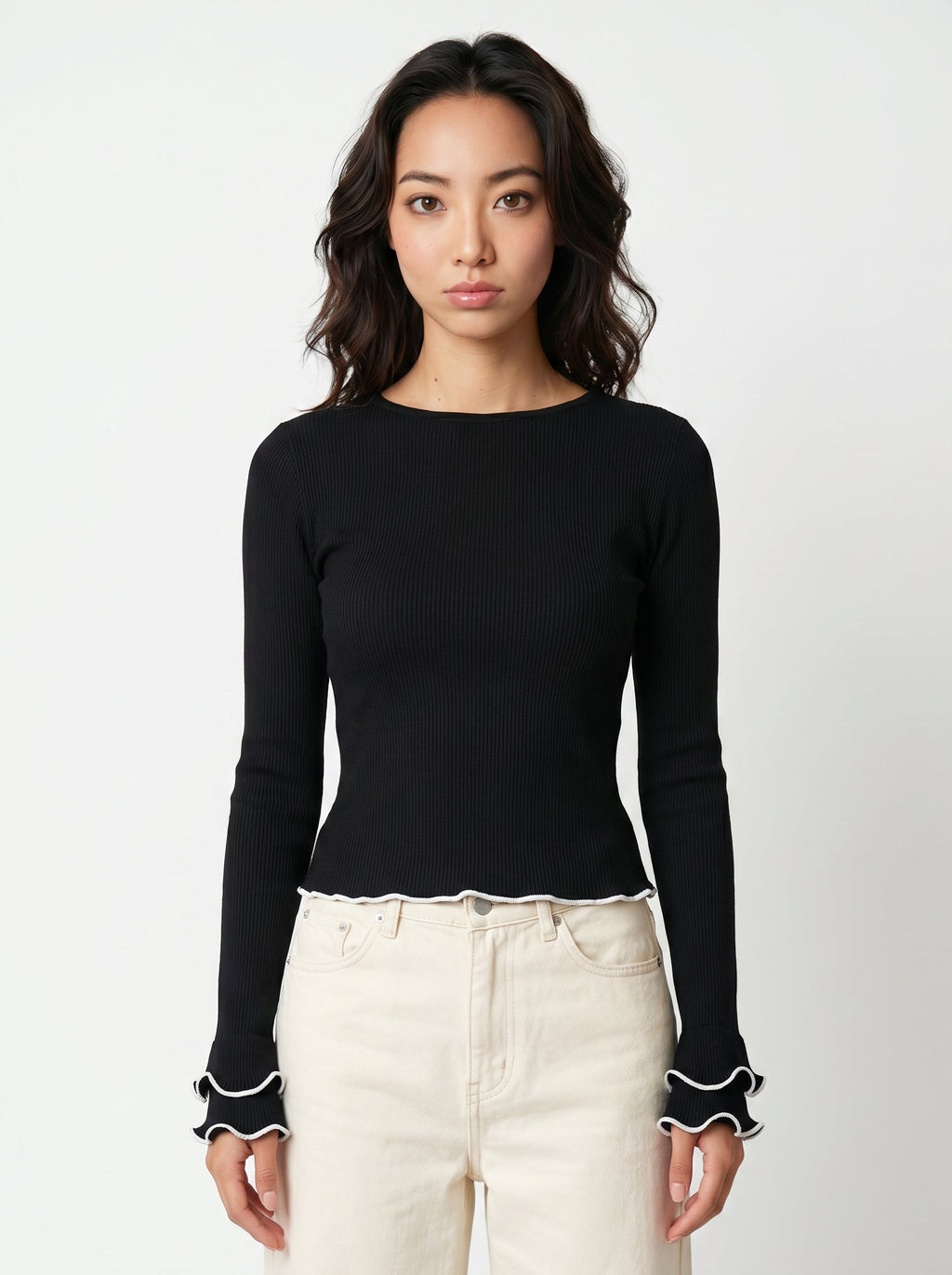 Women's Black Scalloped Hem Tie Back Long Sleeve Top