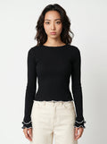 Women's Black Scalloped Hem Tie Back Long Sleeve Top