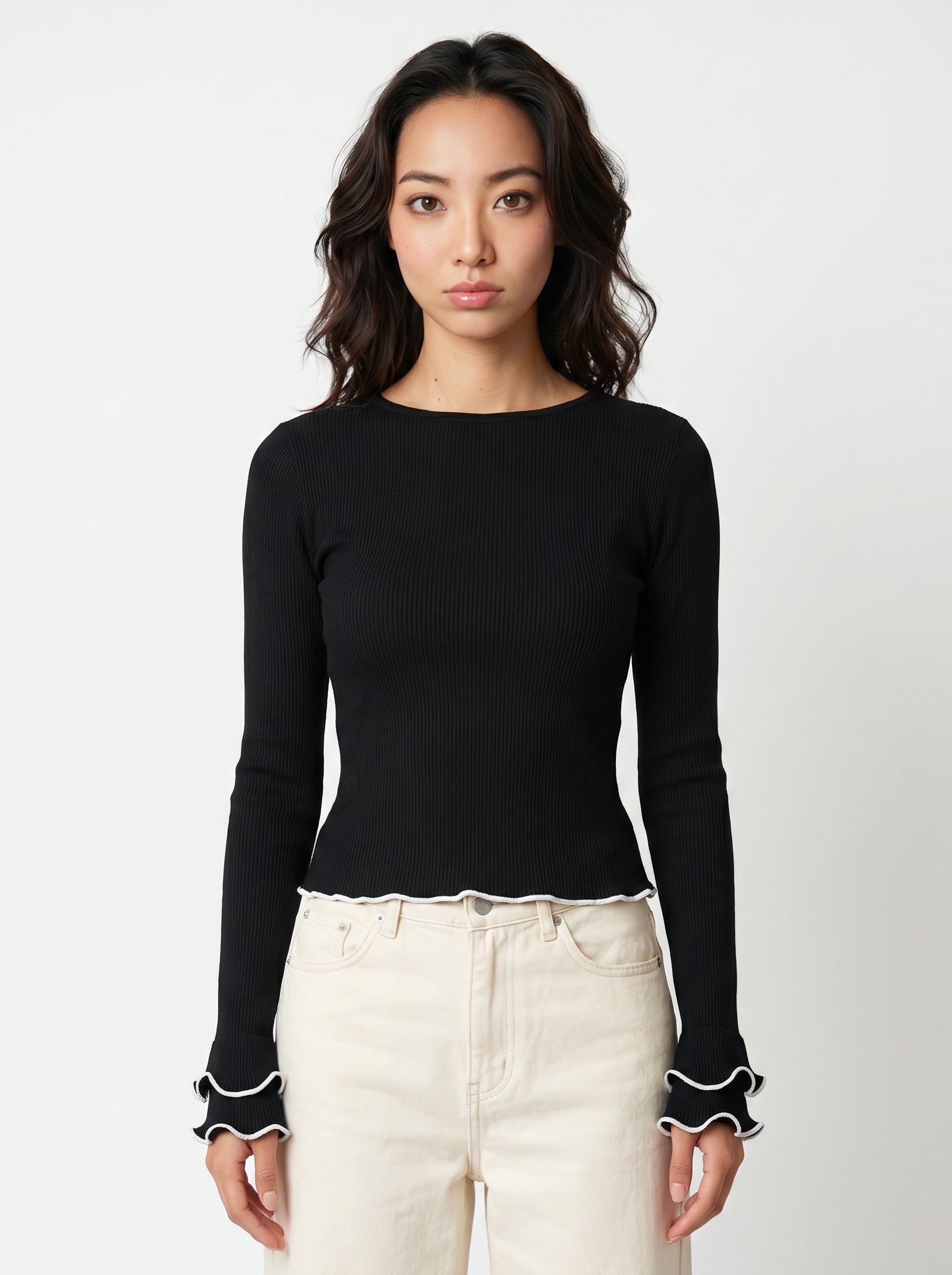 Women's Black Scalloped Hem Tie Back Long Sleeve Top