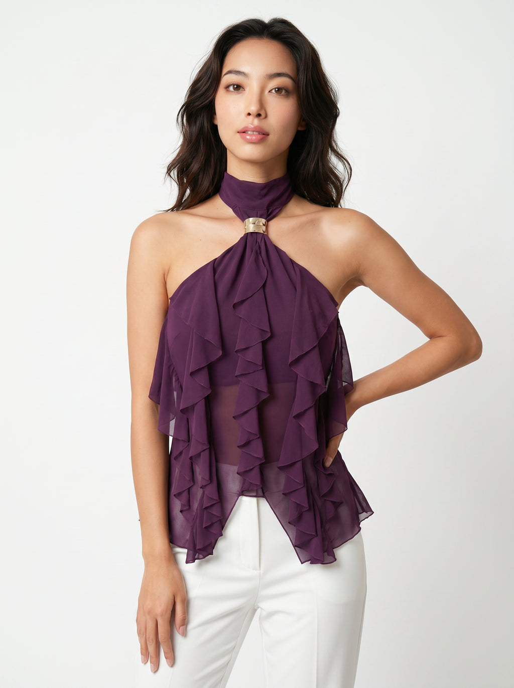 Women's Purple Halter Neck Ruffled Cami
