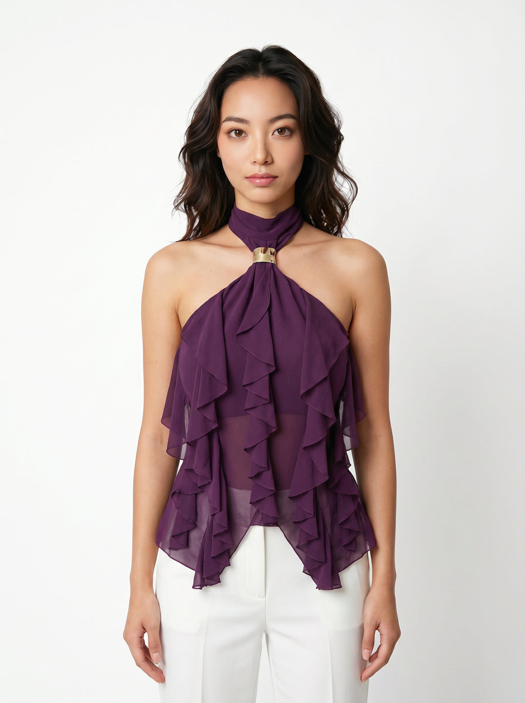 Women's Purple Halter Neck Ruffled Cami