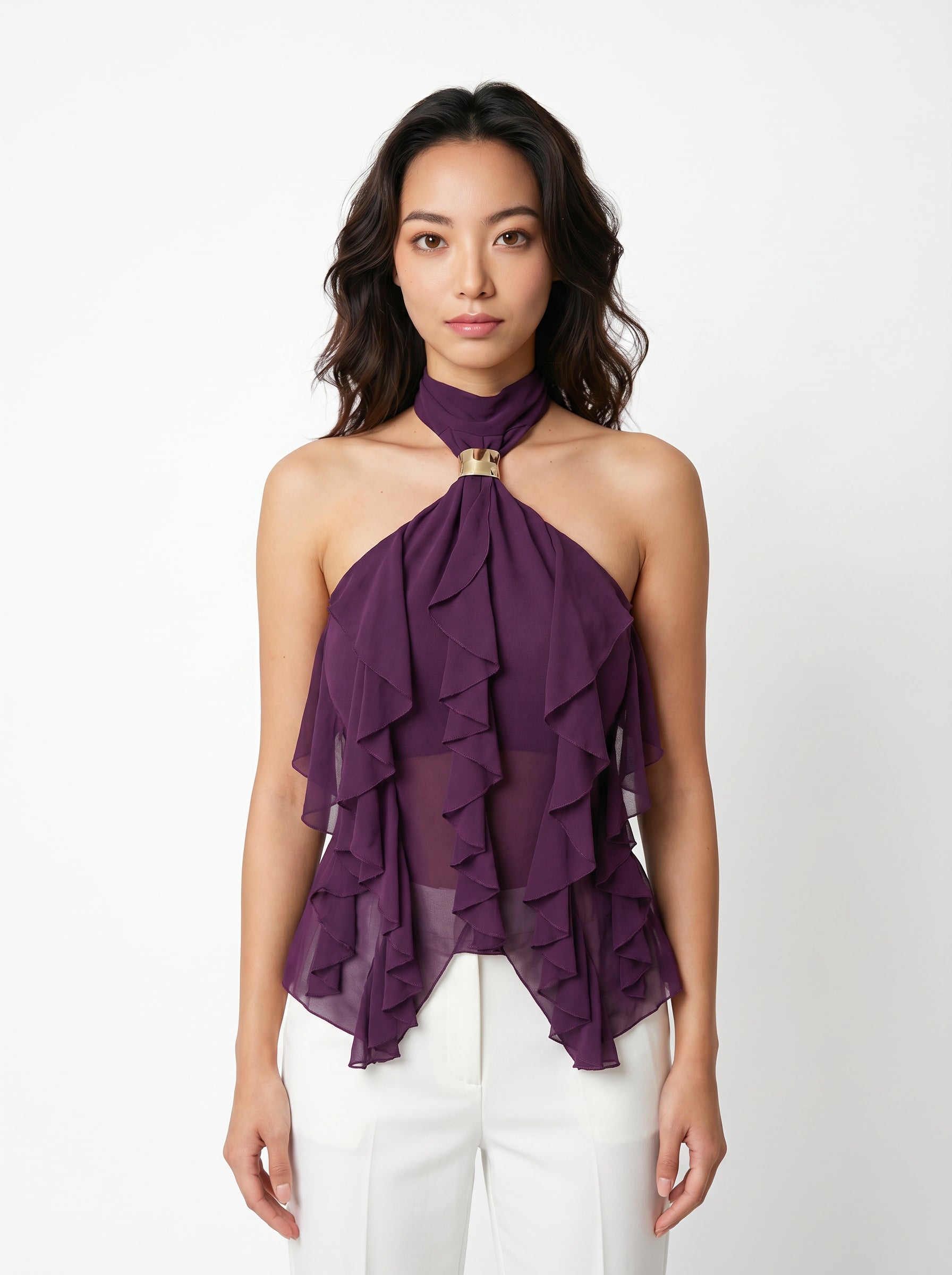 Women's Purple Halter Neck Ruffled Cami