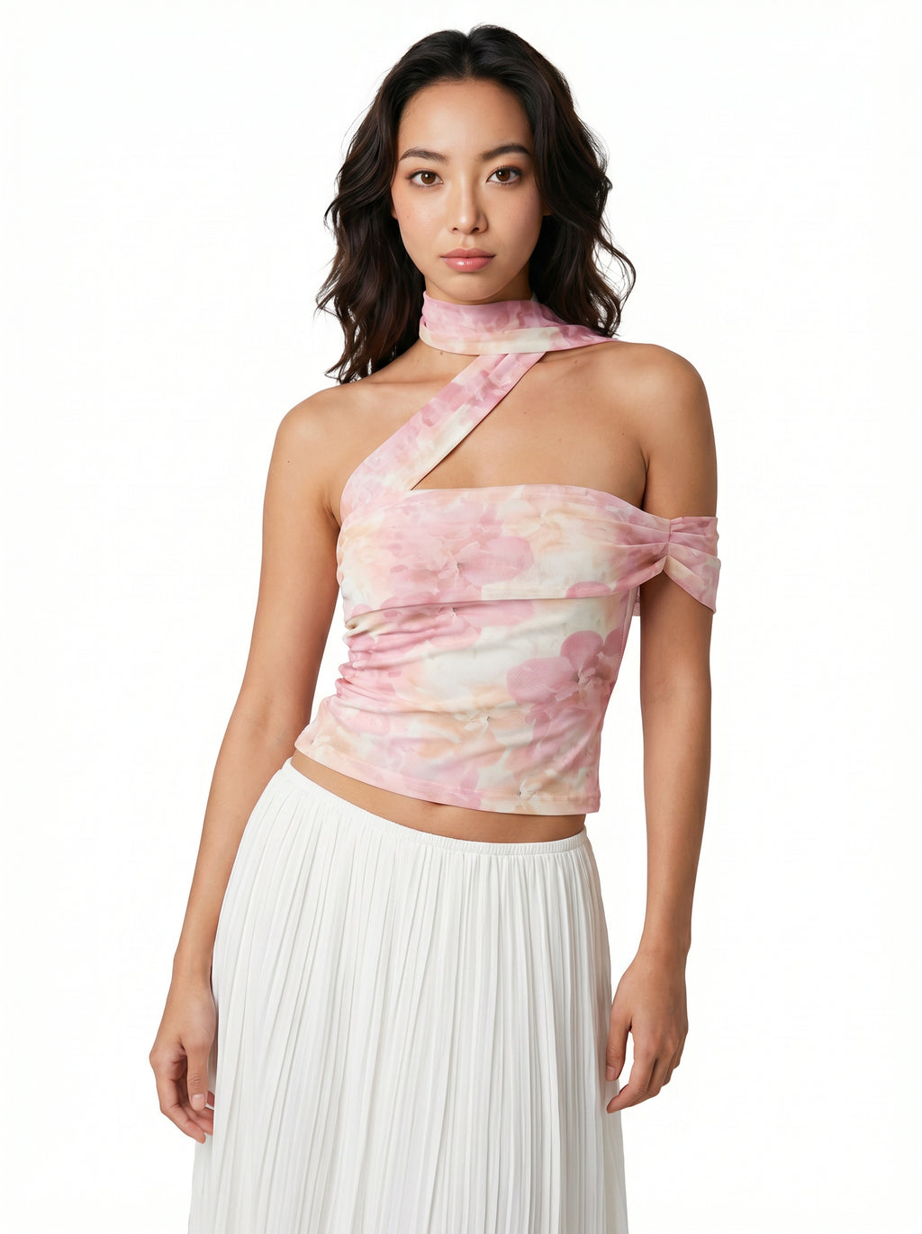 Women's Pink Floral Halter Neck Sleeveless Top