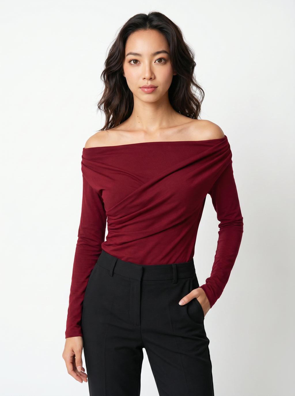Women's Maroon Off The Shoulder Long Sleeve Blouse