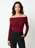 Women's Maroon Off The Shoulder Long Sleeve Blouse