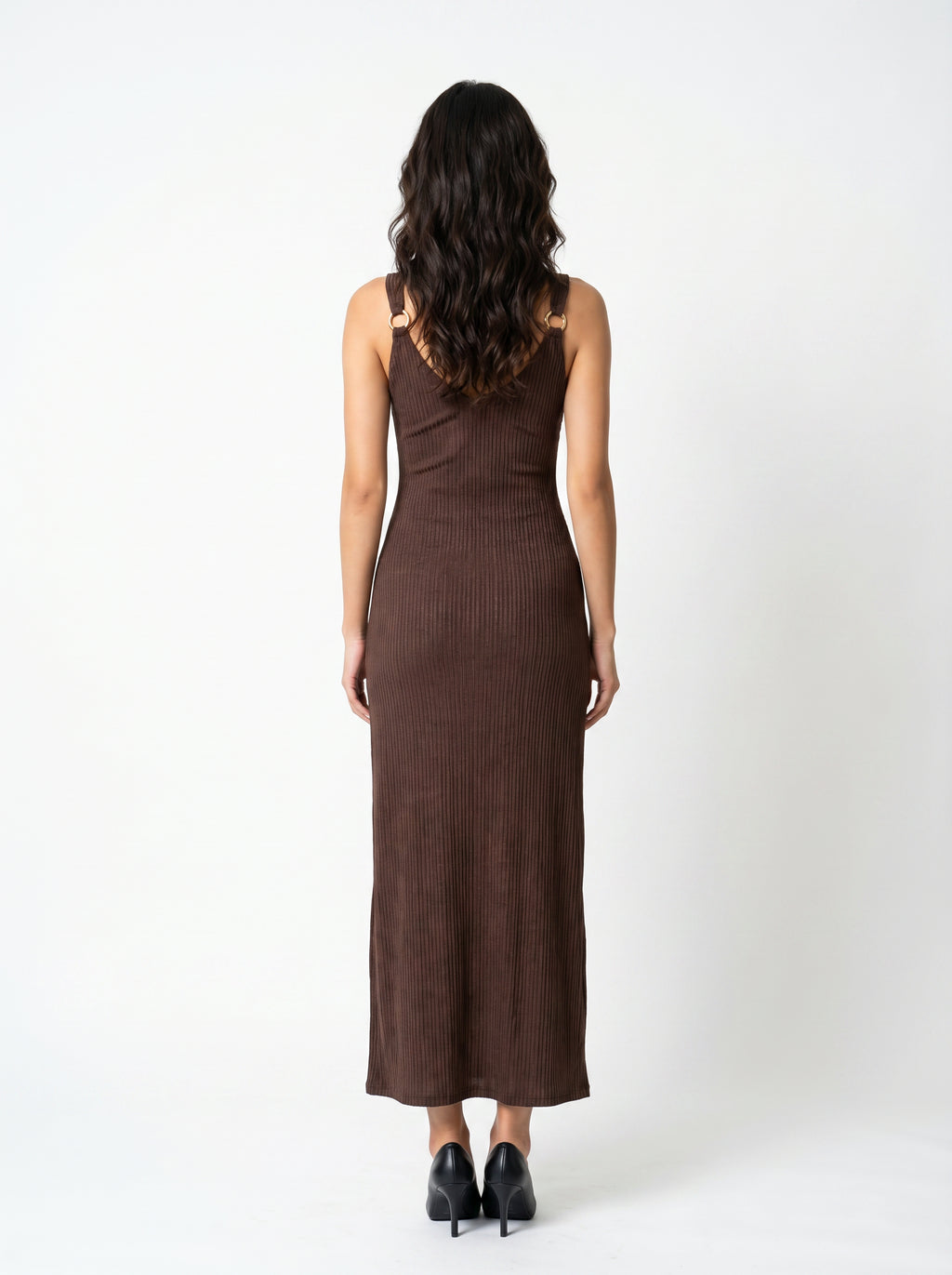 Women's Brown Sleeveless Ribbed Knit Maxi Dress