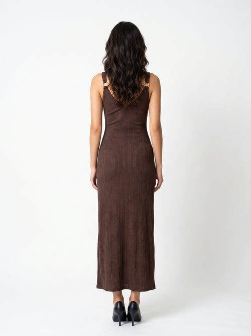 Women's Brown Sleeveless Ribbed Knit Maxi Dress