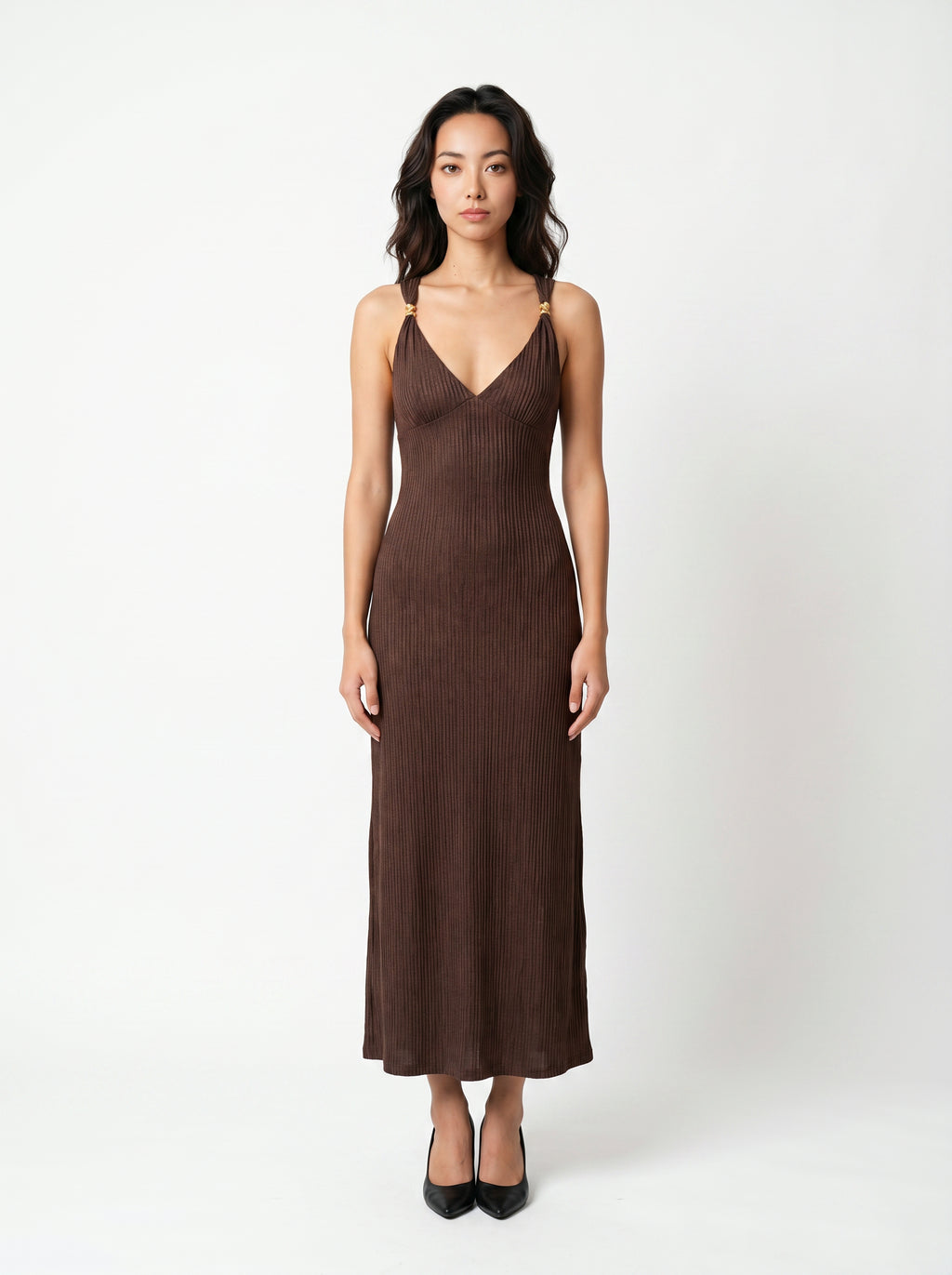 Women's Brown Sleeveless Ribbed Knit Maxi Dress