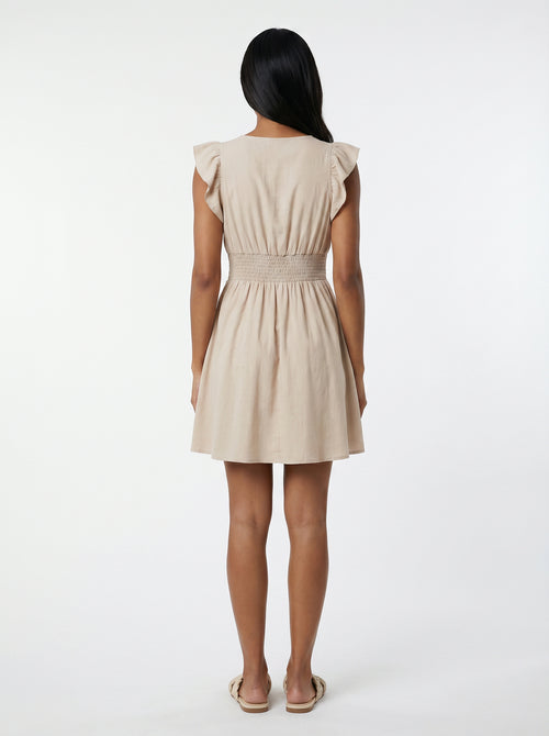 Women's Beige V-Neck Flowy Smocked Waist Mini Dress