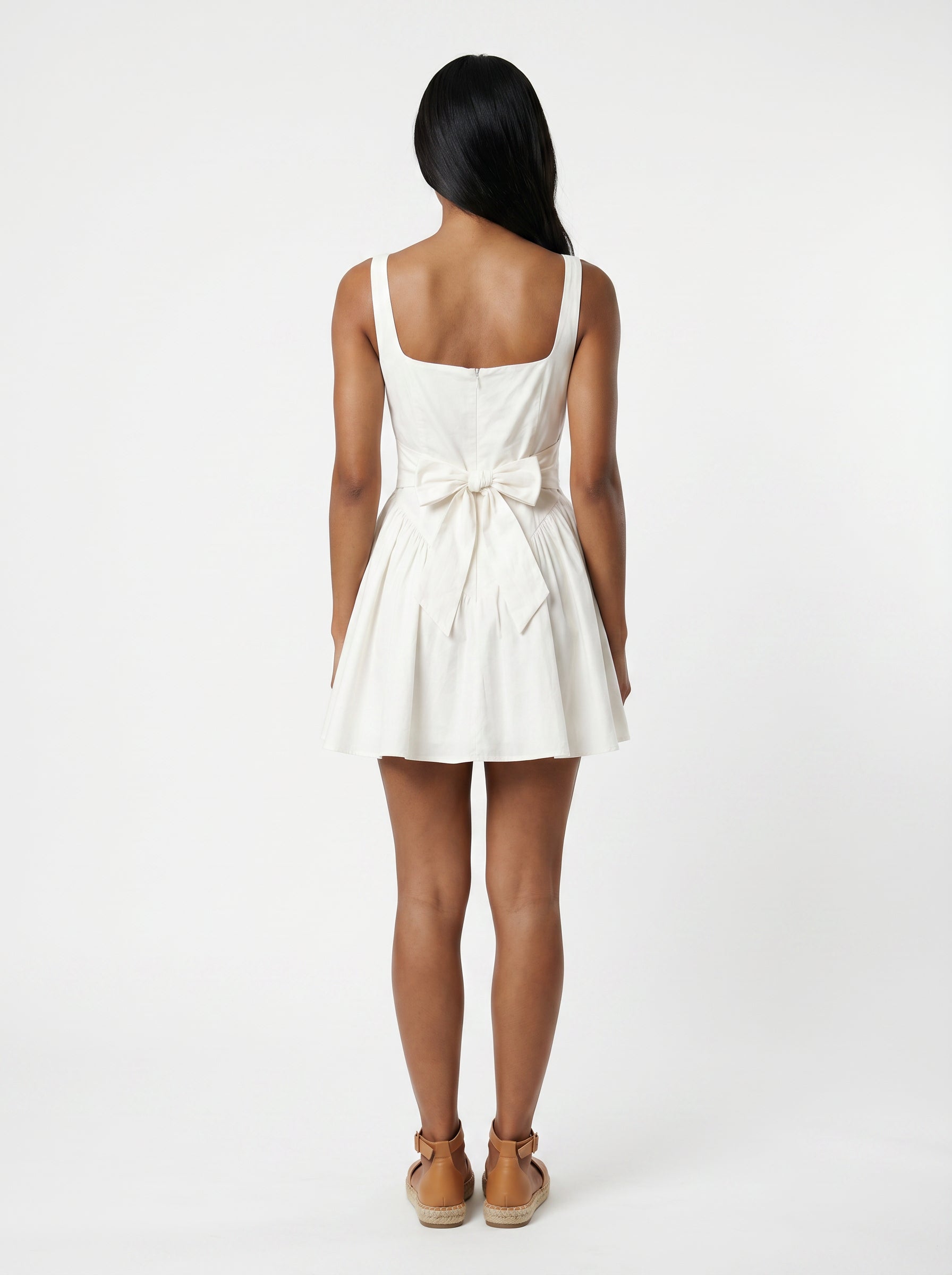 Women's Classic Summer White Square Neck Mini Dress With Bow