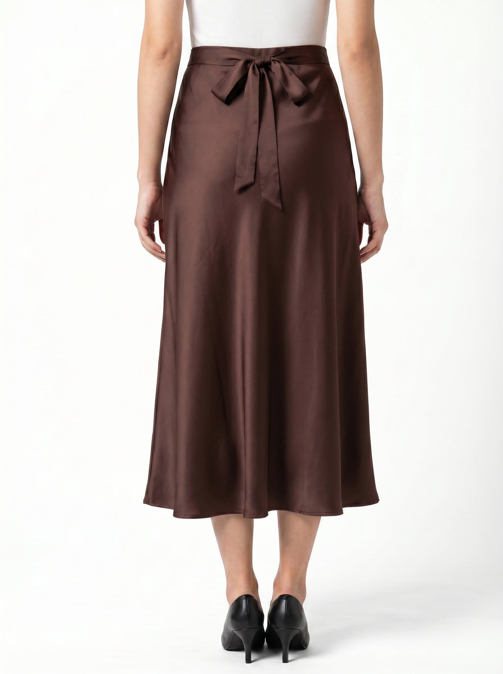 Women's Classic Satin Dark Brown Midi Skirt
