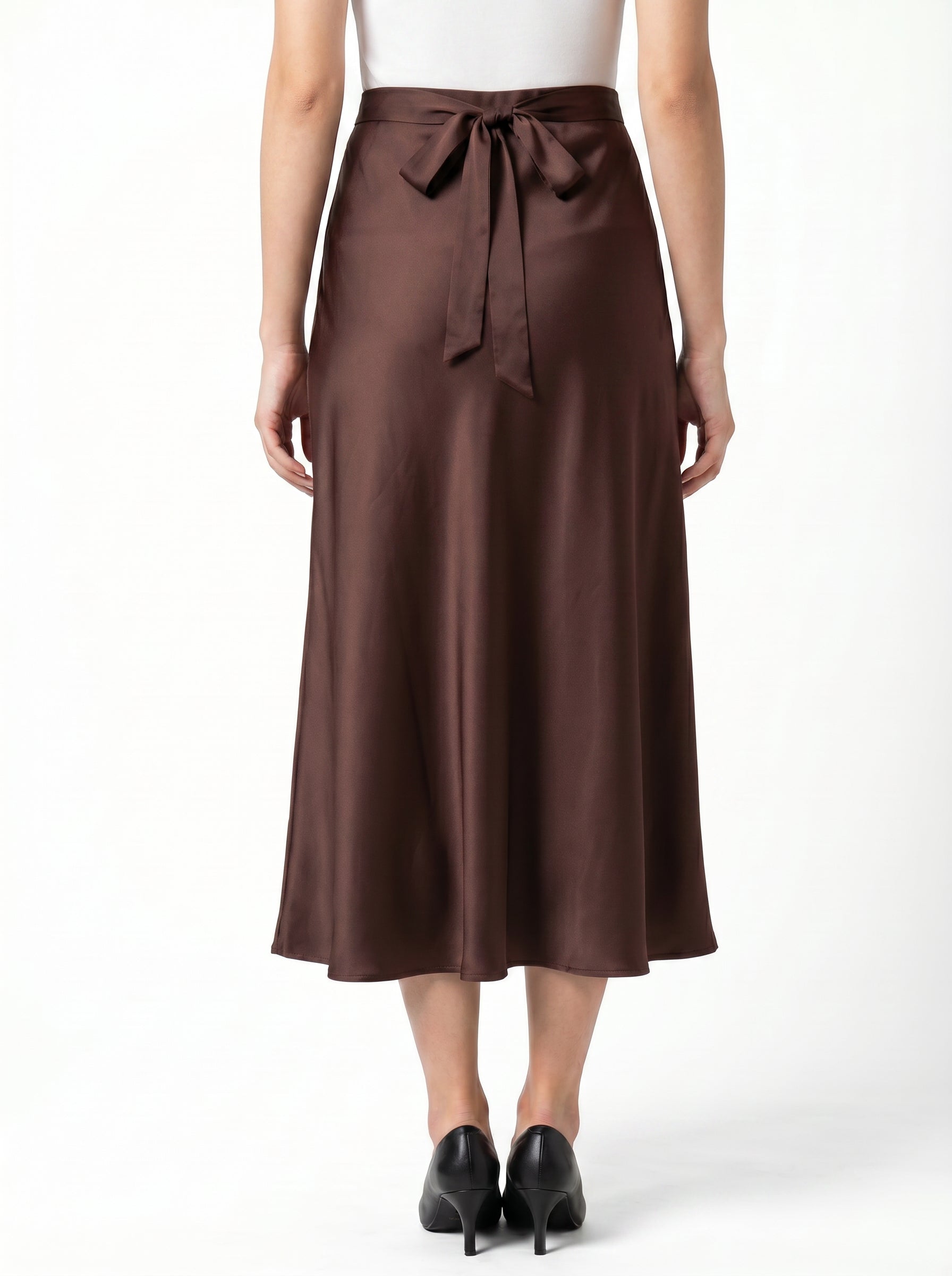 Women's Classic Satin Dark Brown Midi Skirt