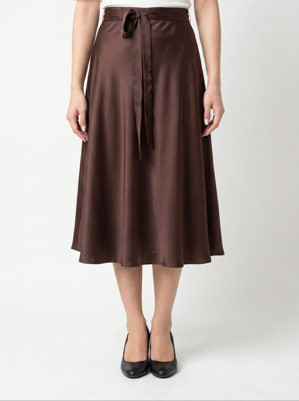 Women's Classic Satin Dark Brown Midi Skirt
