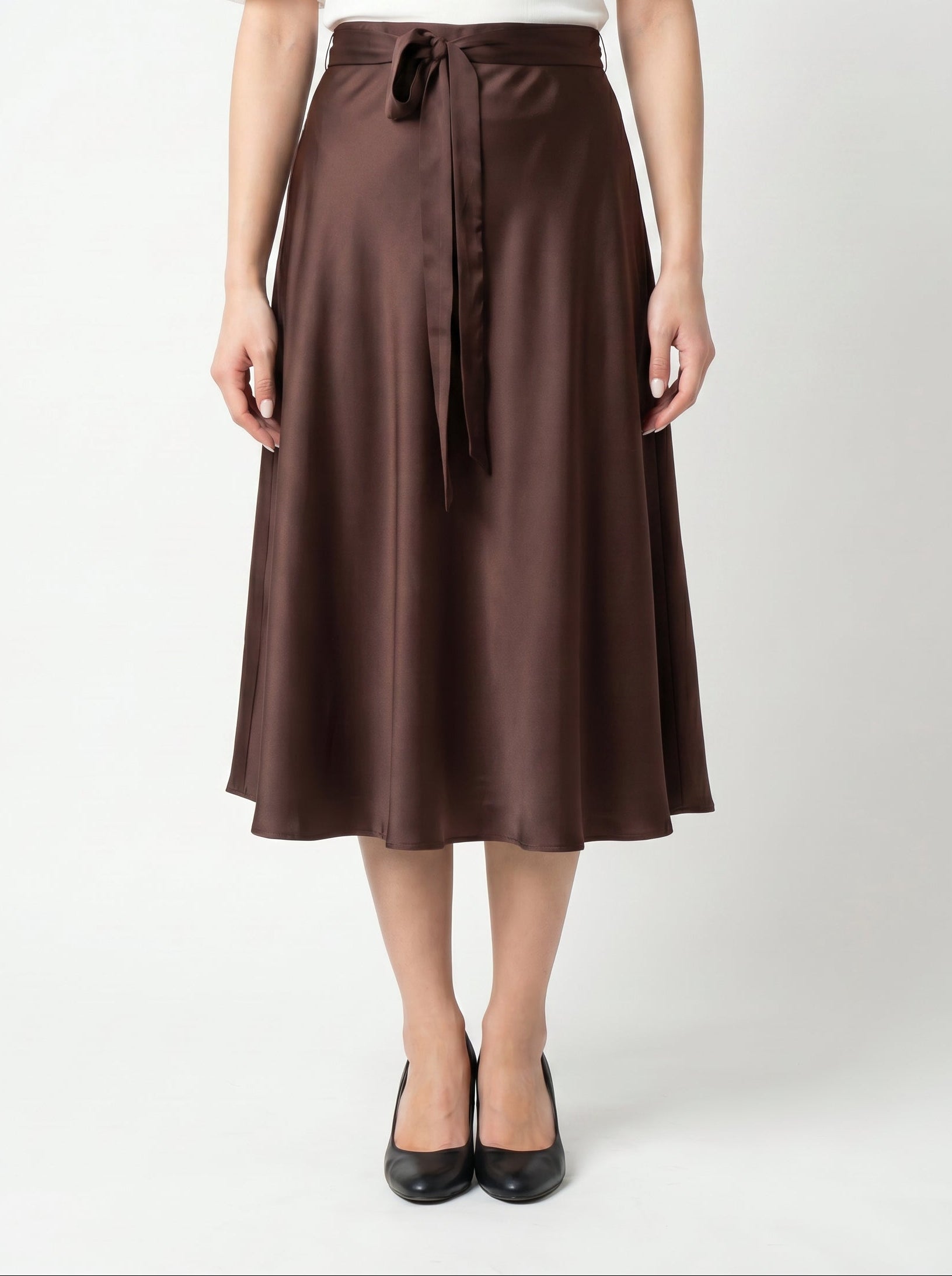 Women's Classic Satin Dark Brown Midi Skirt