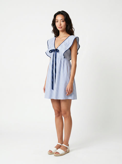 Women's Blue Striped Ruffle Sleeve Mini Dress