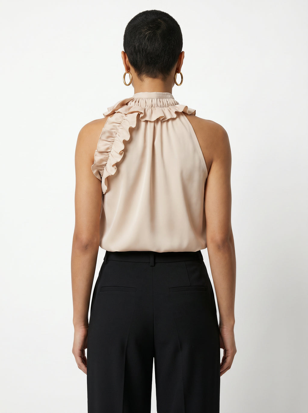 Women's Beige Classic Ruffle High Neck Sleeveless Top