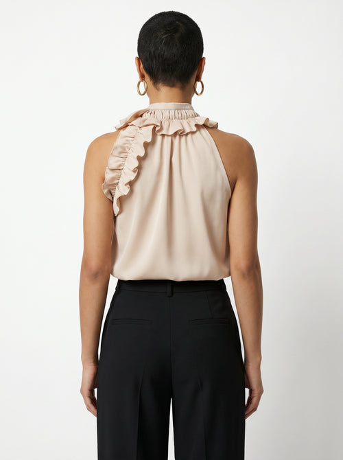 Women's Beige Classic Ruffle High Neck Sleeveless Top