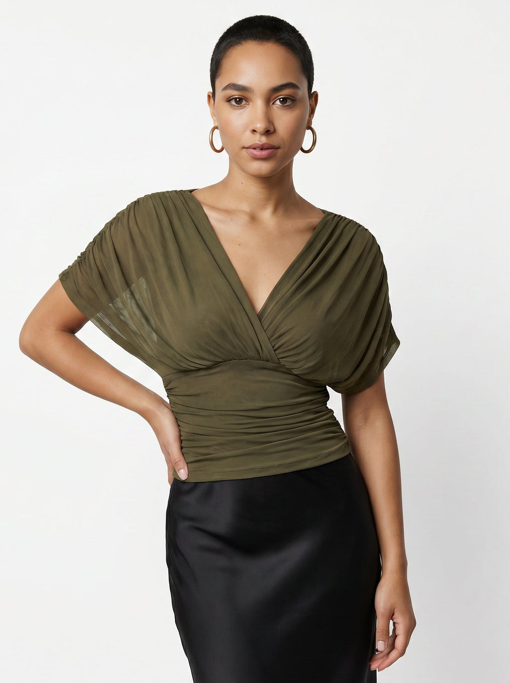 Women's V Neck Ruched Short Sleeve Blouse