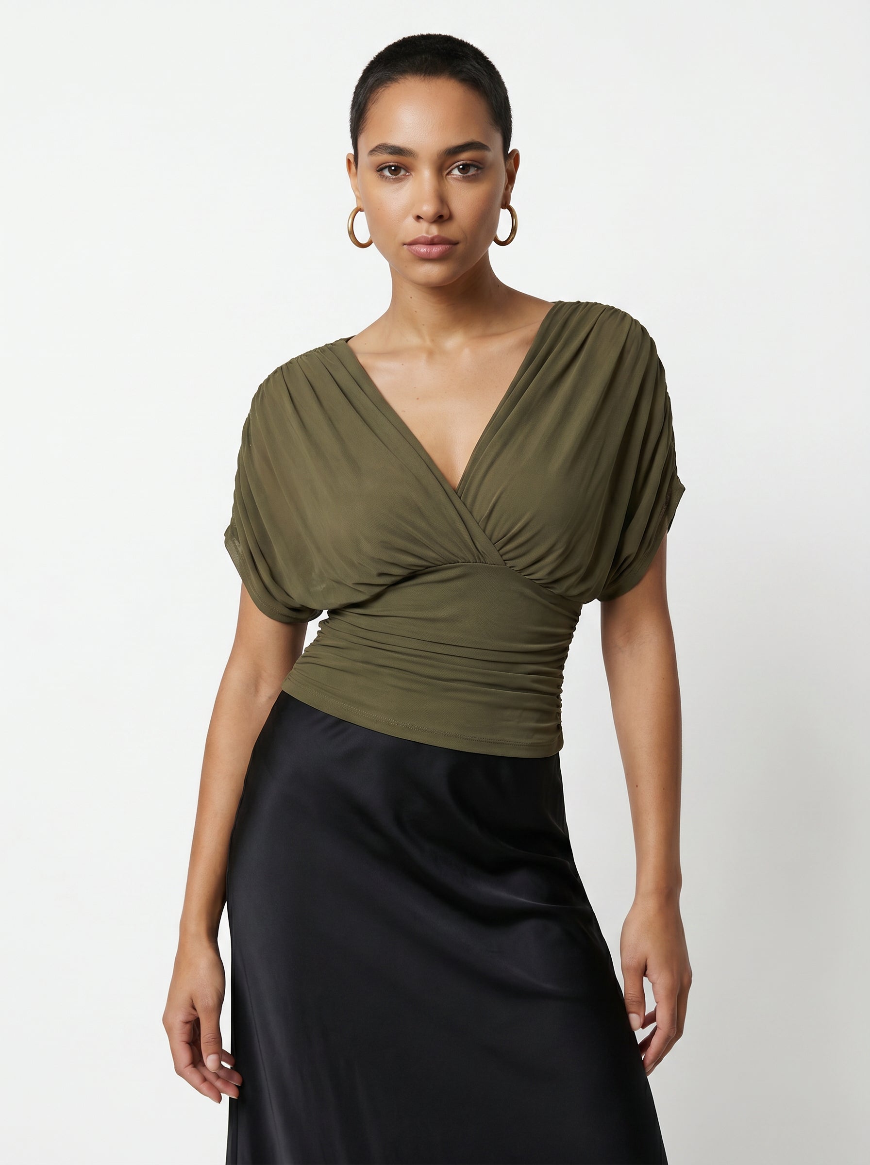 Women's V Neck Ruched Short Sleeve Blouse