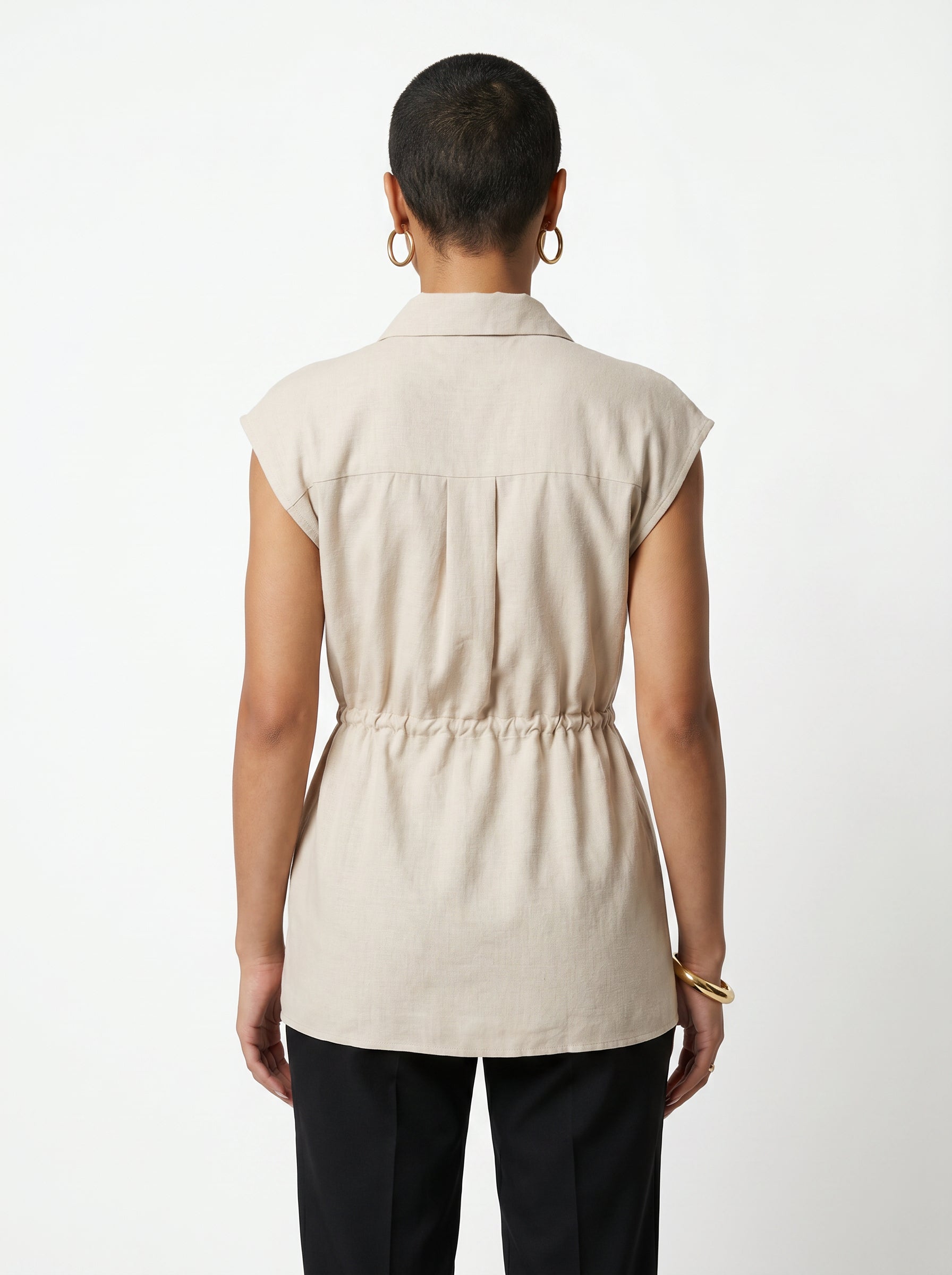 Women's Beige Drawstring Waist Collared Sleeve Shirt