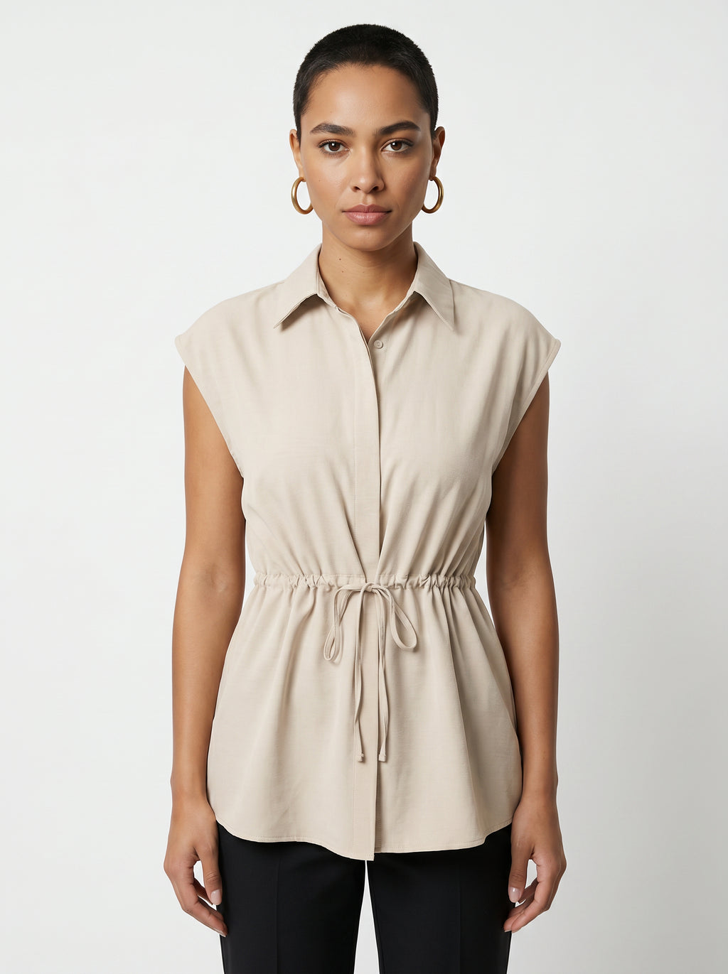 Women's Beige Drawstring Waist Collared Sleeve Shirt