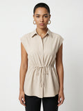 Women's Beige Drawstring Waist Collared Sleeve Shirt