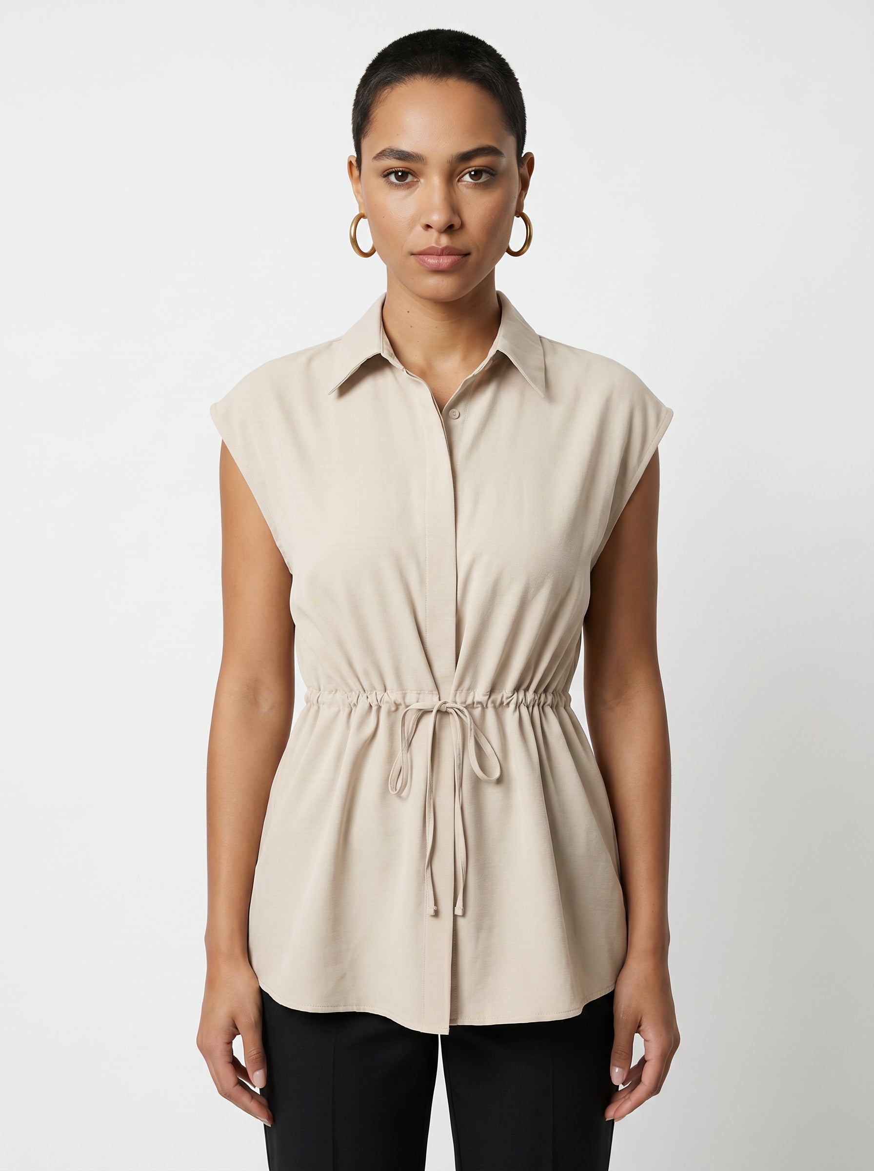 Women's Beige Drawstring Waist Collared Sleeve Shirt