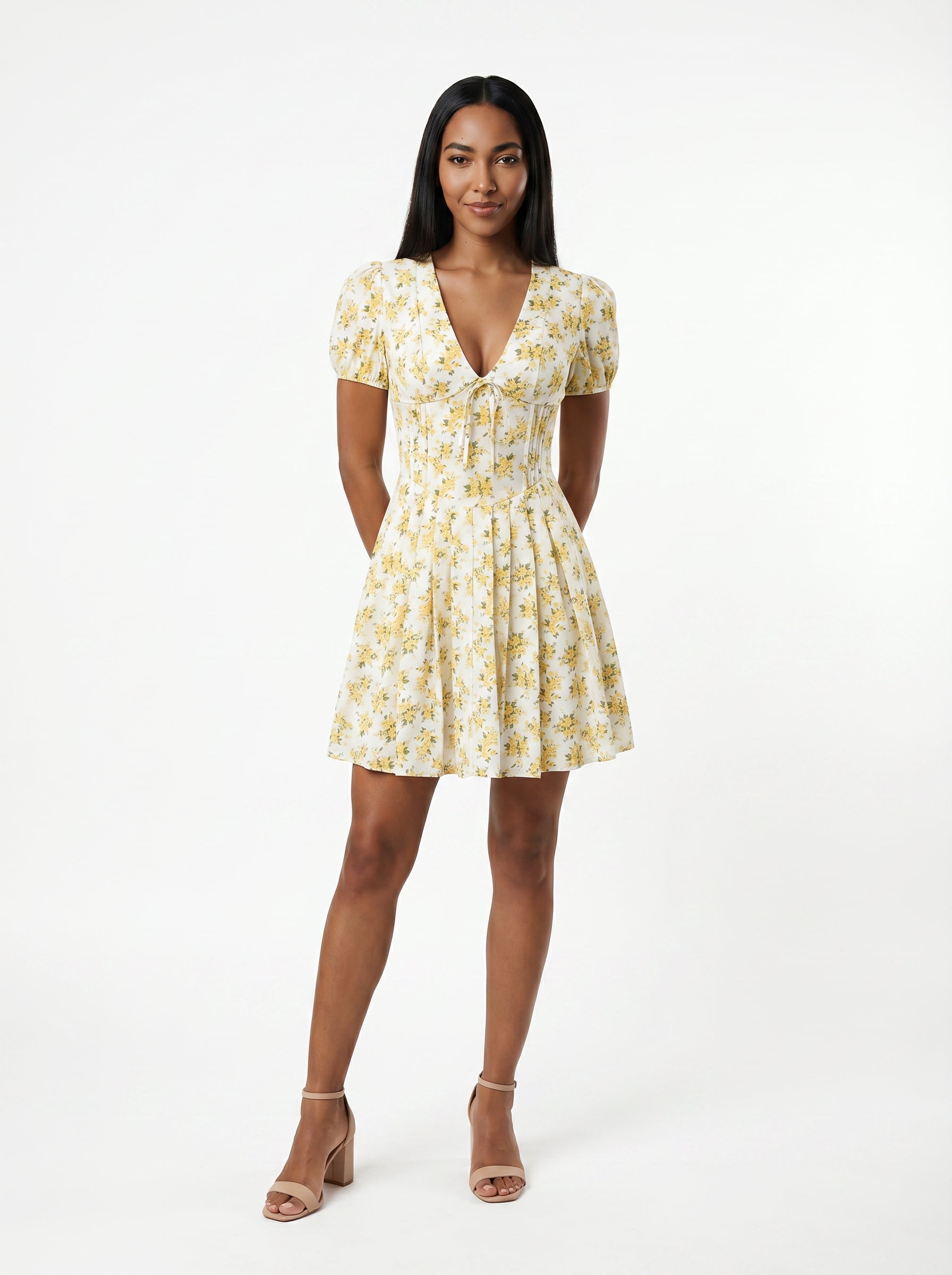 Women's Floral V-Neck Puff Sleeve Mini Dress