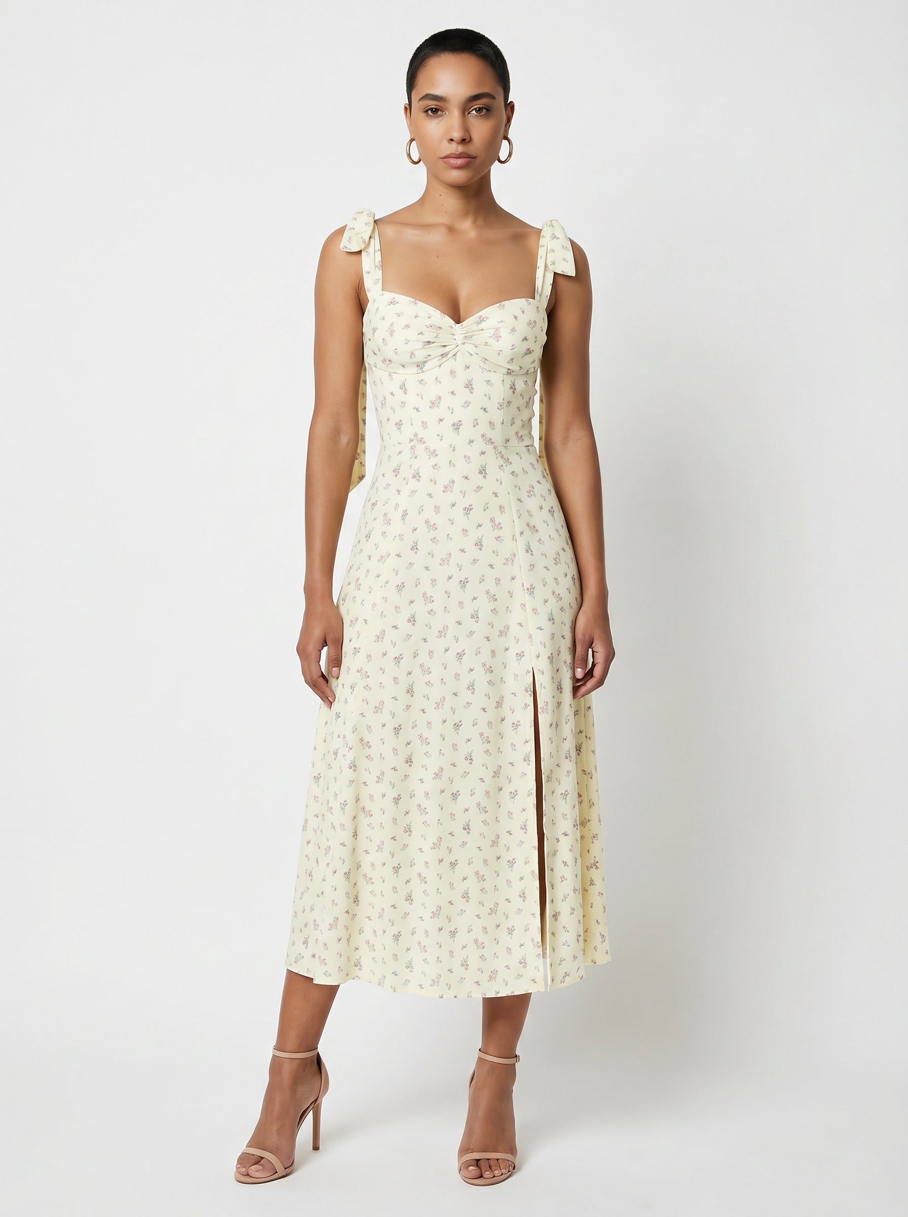 Women's Floral Print Shoulder Tie Midi Dress