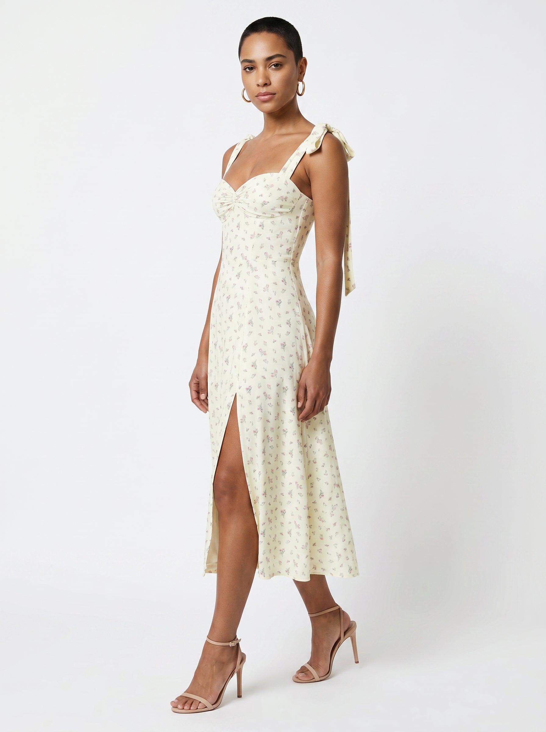 Women's Floral Print Shoulder Tie Midi Dress