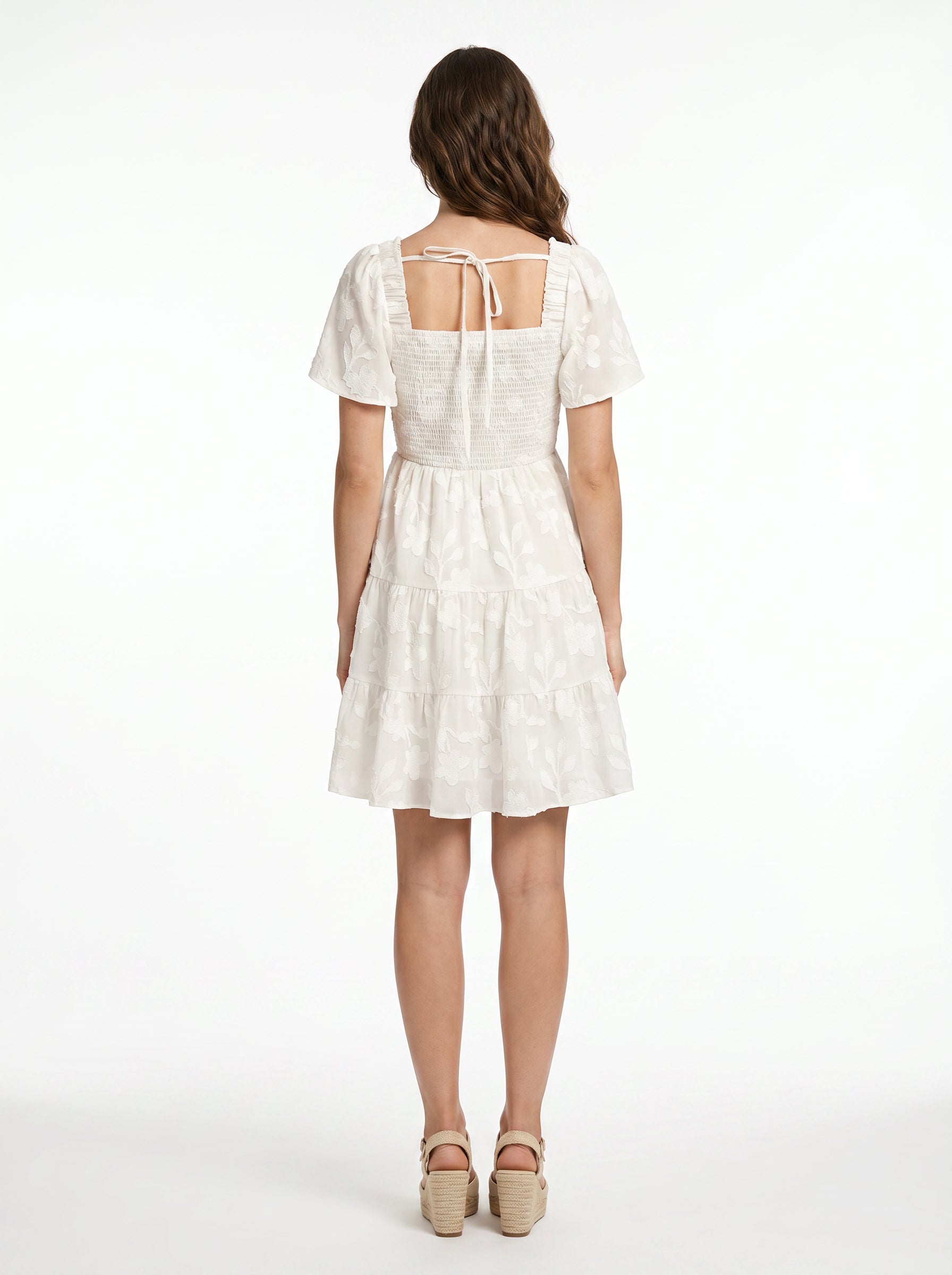 Women's White Square Neck Mini Dress With Smocked Sleeves