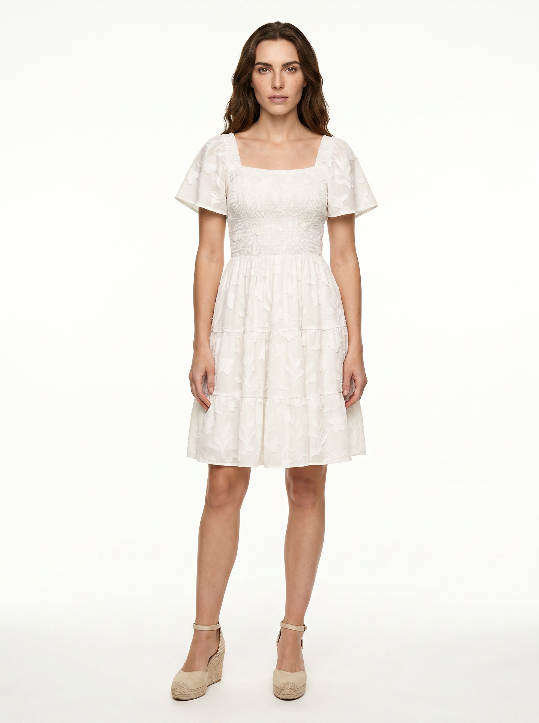 Women's White Square Neck Mini Dress With Smocked Sleeves