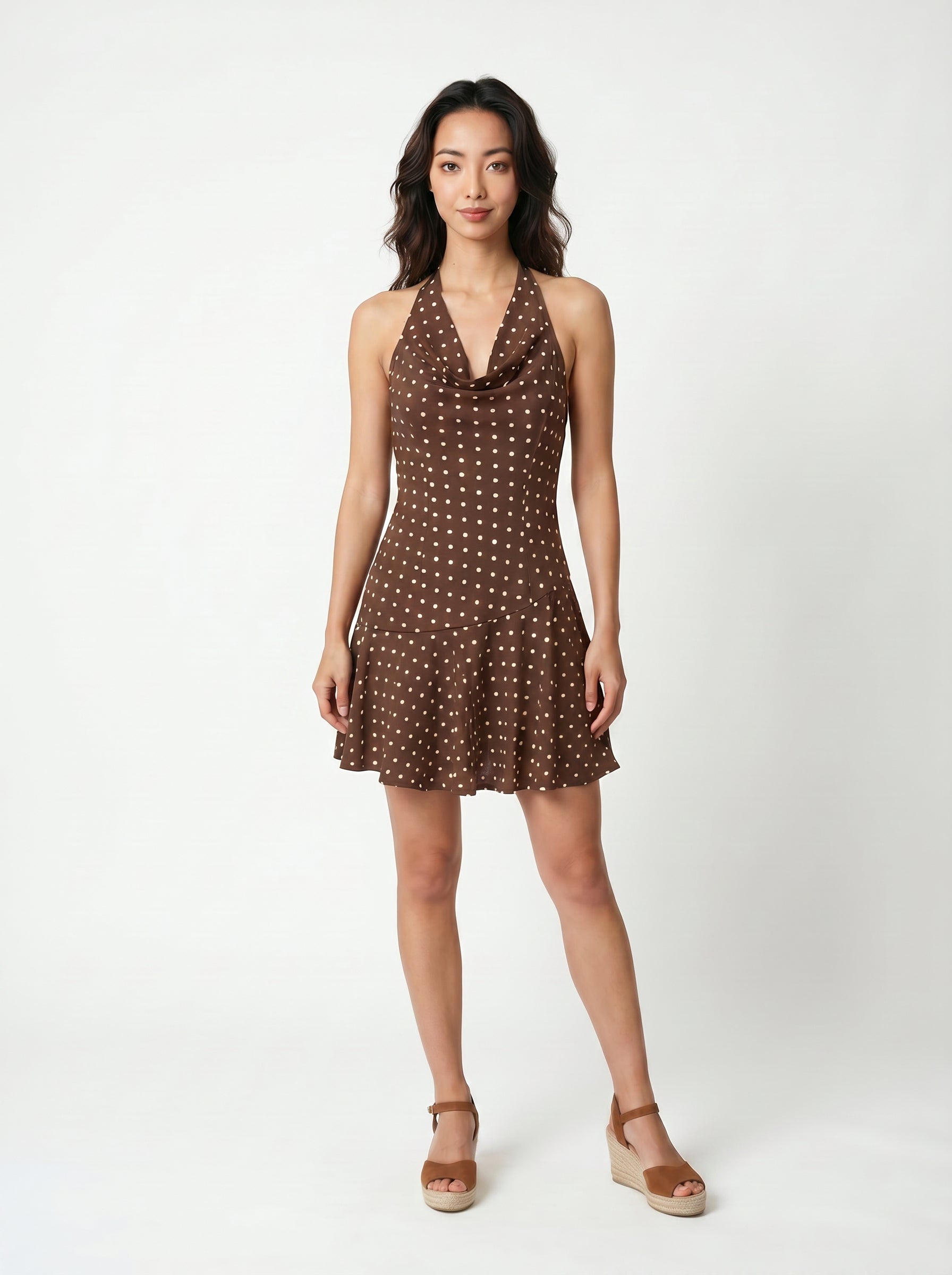 Women's Polka Dot Brown Halter Neck Dress Amie Women's Polka Dot Brown Halter Neck Dress Amie